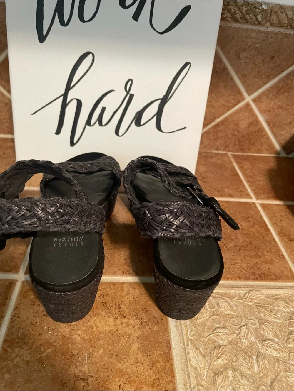 Stuart Weitzman Black Woven Platform Wedge Sandals - Picture 3 of 4